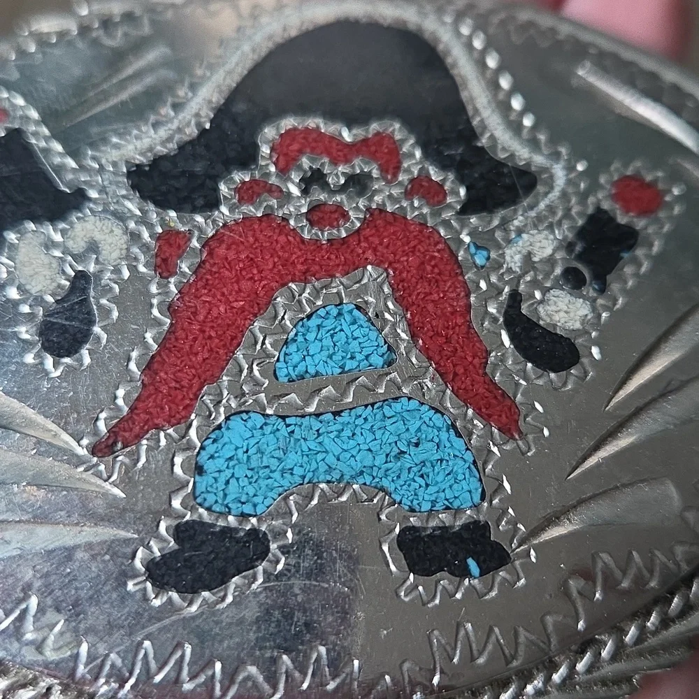 Vintage Yosemite Sam Turquois And Coral Chip Inlay Belt Buckle